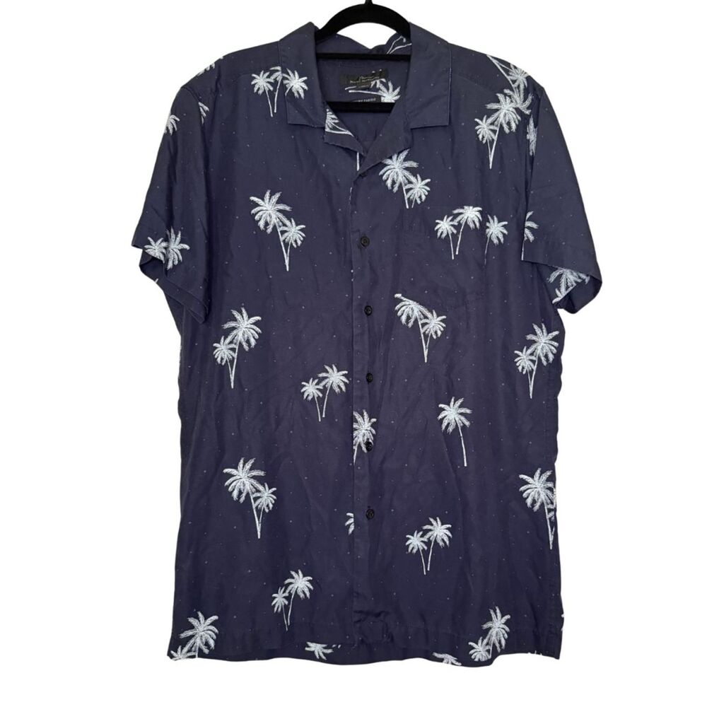 Marc Anthony Button Up Palm tree Shirt Slim Navy Short Sleeve Men's size Medium